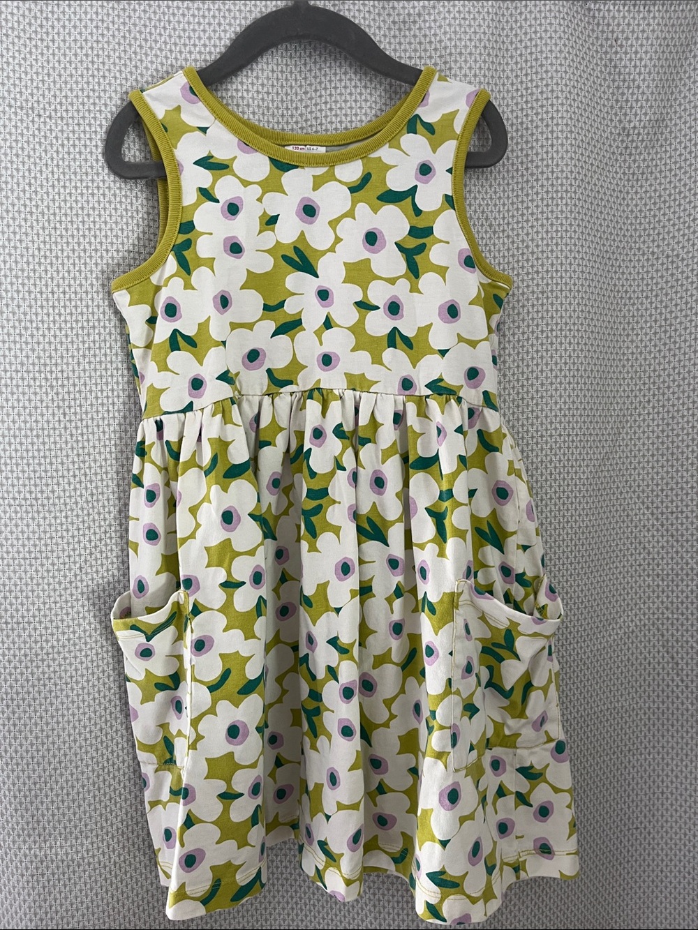 Hanna Andersson White Floral Olive Green Trim Pocket Dress
